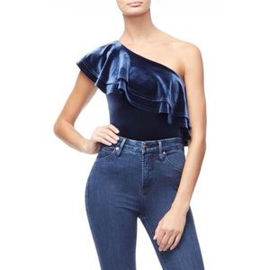 Good American One Shoulder Ruffle Velvet Bodysuit